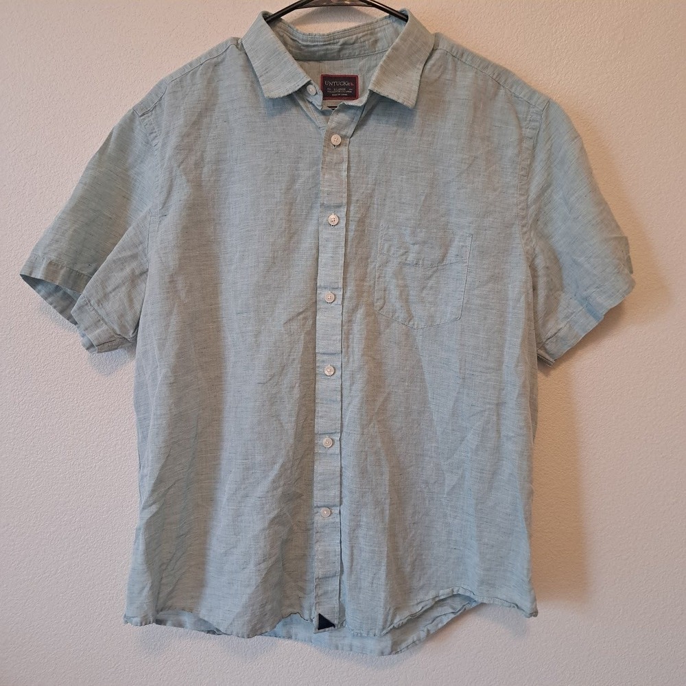 UNTUCKit Mens XL Short Sleeve Button Down Shirt Blue Cotton Linen Blend